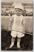 RPPC 1954 Cutest Little Boy Suspenders Shorts Hat and Toy Baton Postcard C26 - £5.19 GBP