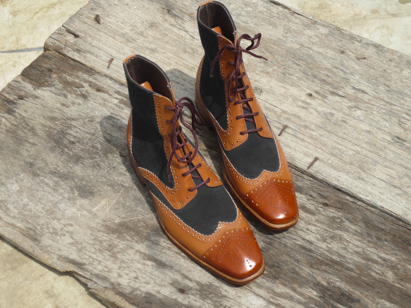 Two Tone Ankle Boots Brown Premium Quality Brogue Toe Black Suede Leather Laceup