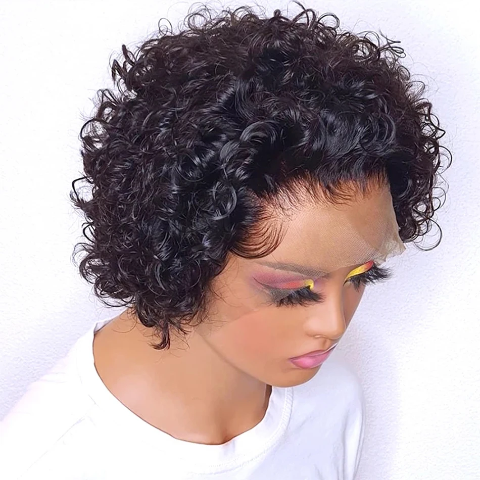 Pixie Cut Wig Short Curly Human Hair Wigs Cheap 180% Density 13X1 Lace Front - £29.87 GBP