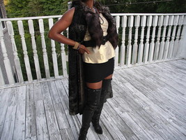 Black Gray hood Swakara &amp; Silver fox Fur vest Coat S-M - $692.99