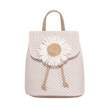 Woven bucket handbags flower leather splicing drawstring daypack female travel shoulder thumb200