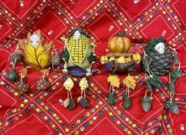 4 Fall Harvest Thanksgiving Autumn Pumpkin Corn Anthropomorphic Shelf Sitter - £26.55 GBP