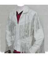 New Men&#39;s White Cowboy  American Style  Leather Jacket With Fringes-98 - $239.99