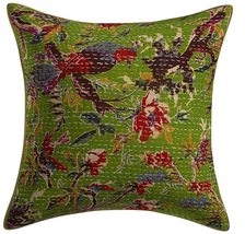 INDACORIFIE Kantha Green Birds Print Cushion Cover Indian Handmade Floral Print  - £11.98 GBP