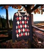 Bobby Jones Sweater Mens Size Large~Button Argyle Blue Red Grey 100% Mer... - $25.73