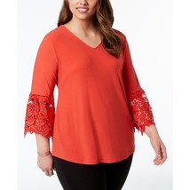 NWT Womens Plus Size 2X Alfani Red Floral Lace-Trim V-Neck Blouse Top - £21.52 GBP