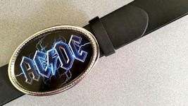 An item in the Entertainment Memorabilia category: AC/DC "BLACK ICE" Rock  Epoxy PHOTO MUSIC BELT BUCKLE & Black Bonded Leather Bel
