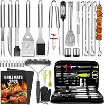 Stainless Steel BBQ Grill Accessories Kit with Thermometer Heavy Duty 34 Tools - £42.42 GBP