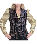 80s Medium Gold Foil Black Velvet Vest Longsleeve Cocktail Shirt Puff Sl... - £37.18 GBP