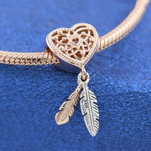  Two Tone Moments Openwork Heart &amp; Two Feathers Dreamcatcher Charm - £14.43 GBP