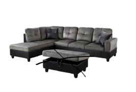 Modern L-Shaped Convertible Taupe &amp; Black Flannel PVC Sectional Sofa w/o... - £543.38 GBP