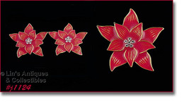 Eisenberg Ice Signed Rare Coral Color Poinsettia Pin and Earrings (#J1124) - £78.10 GBP