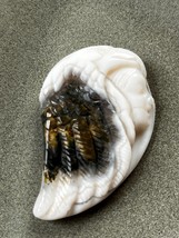 Nicely Carved Unique White Side Profile w Black &amp; Mustard Feathers Stone Pendant - $38.08