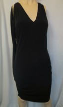 MODA INTERNATIONAL Dress Black Long Sleeve Deep V-Neck Ruched Stretch SZ L - £19.59 GBP