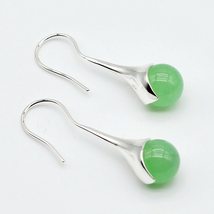 Ladies silver earrings, green jade round beads, 925 sterling silver, jade earrin - £8.58 GBP