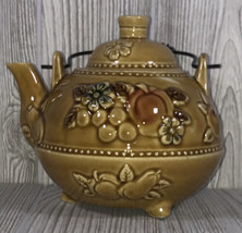 Vintage Footed Yellow Embossed Fruit Metal Handle Japan Teapot Majolica ... - £19.42 GBP