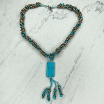 Faux Turquoise Chunky Beaded Tassel Pendant Toggle Necklace - $6.92