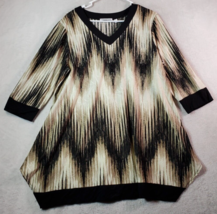 Notations Blouse Top Womens Size 1X Black Brown Geo Print Polyester Long Sleeve - £11.25 GBP