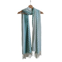 Blue Scarf Shawl Wrap Blue &amp; White Batik Dot Print Fringe - £6.26 GBP