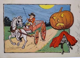 Halloween Postcard Fantasy Carriage Buggy Horse Coach Pumpkin JOL Costume 1908 - £97.76 GBP