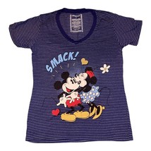 Disney Store Tee Top Shirt Womens Mickey Minnie Mouse Smack Kiss Striped Blue M - £15.00 GBP