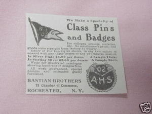 1902 Ad Class Pins &amp; Badges Bastian Brothers, Rochester - $7.99