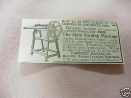 1902 Ad Gem Ironing Machine, Racine Junction, Wisc. - $7.99