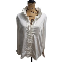 Elegant White Ruffle Collar Button Down Blouse Long Sleeve Office Work Shirt L - $23.36