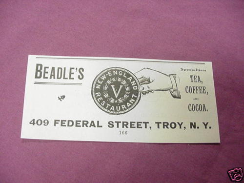 1901 Ad Beadle&#39;s New England Restaurant, Troy, N. Y. - $7.99