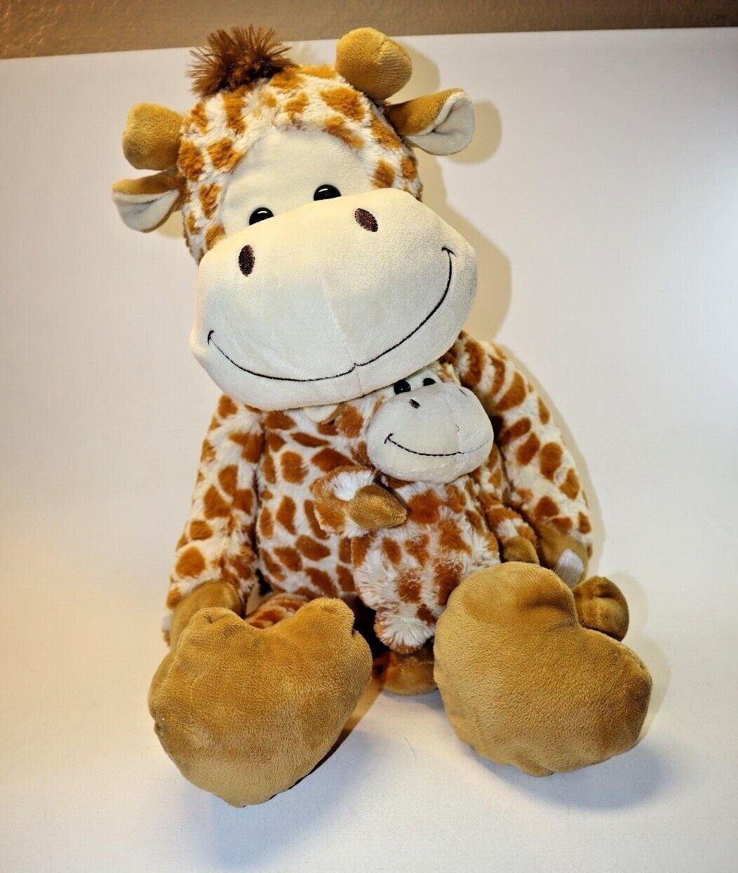 Primary image for Kellytoy Giraffe Plush Mom Hugging Baby Stuffed Animal Hook Loop 16" Tall Seated