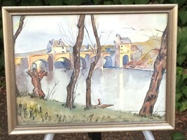 M Garrynorth Original Modern Impressionist Watercolor Framed Art &#39;river Bridge&#39; - £345.57 GBP