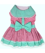  White Polka Dot Pink and Teal Dress with Lace with Matching Leash Sizes... - $20.99