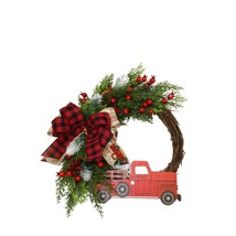 Christmas holiday door wreath 12&quot; round home decor winter red farmhouse truck - £29.67 GBP