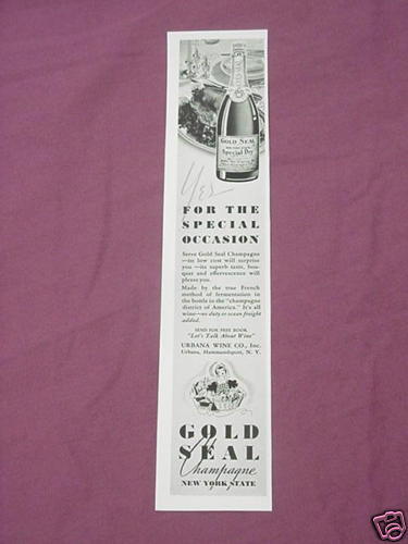 1941 Gold Seal Champagne New York State Ad Urbana Wine - $7.99