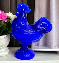 Vintage Cobalt Blue Glass Standing Rooster Figural Candy Dish Box 8.5&quot; H - £30.18 GBP