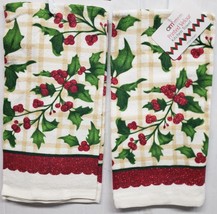 Set of 2 Same Printed Kitchen Towels(15&quot;x25&quot;)CHRISTMAS HOLLY BERRIES &amp; L... - £9.34 GBP