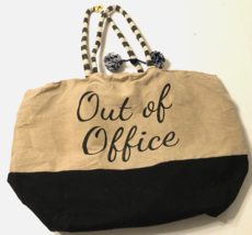 $15 Out of the Office India Brown Black Groceries Pom-Pom Books Jute Tote Bag - £14.00 GBP