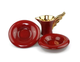 Vintage Art Deco ruby red and gold creamer with 2 matching saucers winged jug - £20.70 GBP