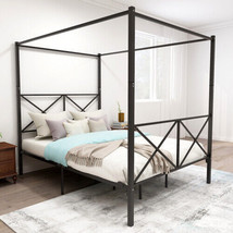 Metal Canopy Bed Frame, Platform Bed Frame Queen with X Shaped Frame Queen Black - £129.87 GBP