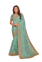 Designer Sea Green Resham Zari Embroidery Work Sari Crepe Silk Party Wear Saree - £72.12 GBP