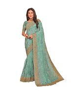 Designer Sea Green Resham Zari Embroidery Work Sari Crepe Silk Party Wea... - £70.17 GBP