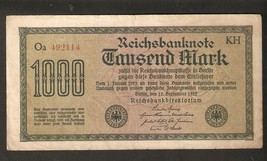 Germany Weimar Reichsbanknote 1000 Mark 1922 Watermark H Ser Oa 492114 Code KH K - £4.15 GBP
