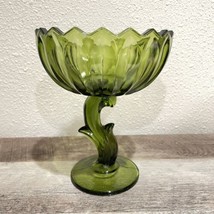 Green Lotus Blossom Footed Glass Bowl Pedestal Leaf Stem 7.5&quot;H x 6.25&quot;W ... - £11.66 GBP