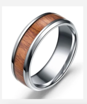 Silver Rim Woodgrain Titanium Stainless Steel Ring Size 6 7 8 9 10 11 12 13 14 - £31.96 GBP