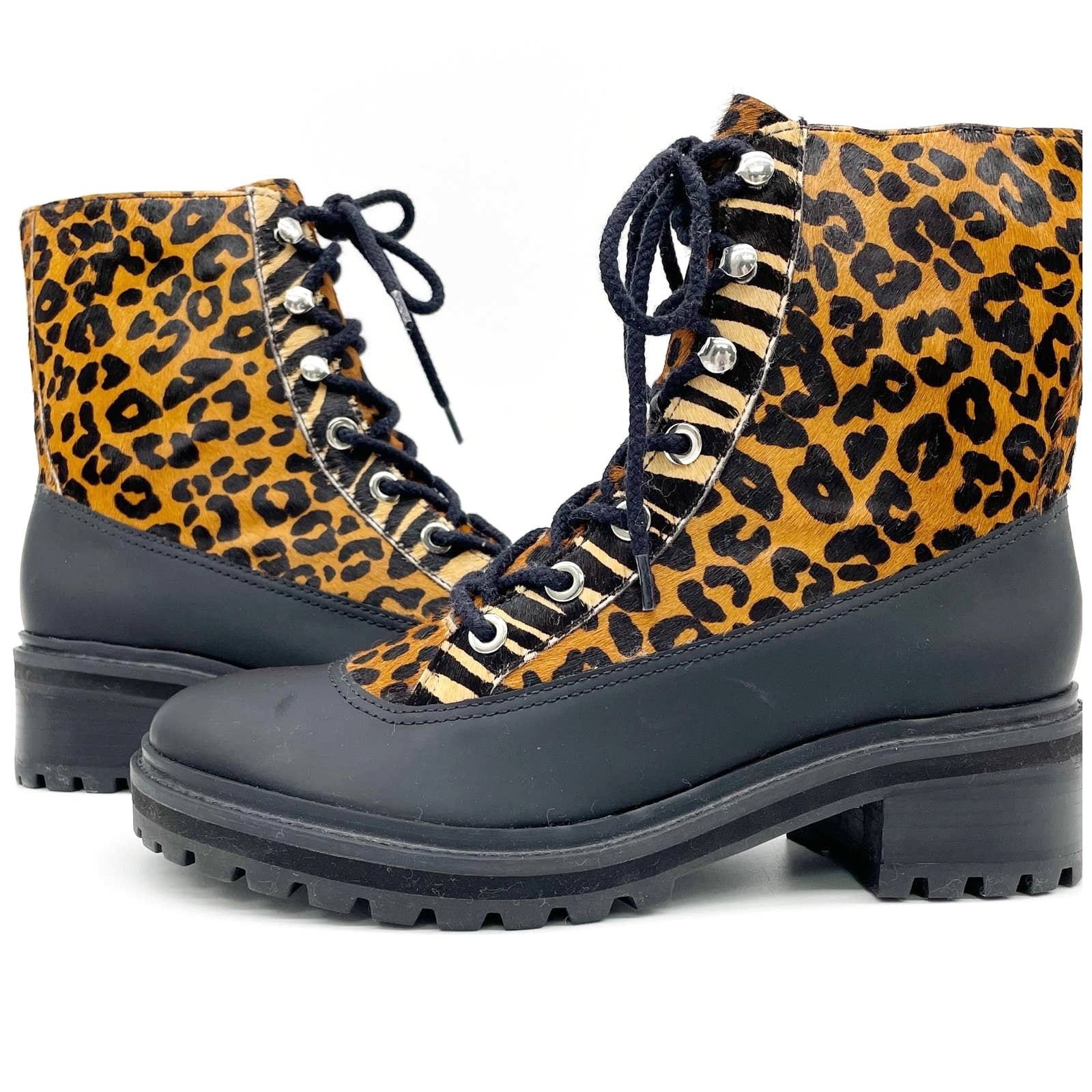 NEW Schutz Womens 9.5 Mafalda Leopard Print Calf Hair Combat Boots Black Tan