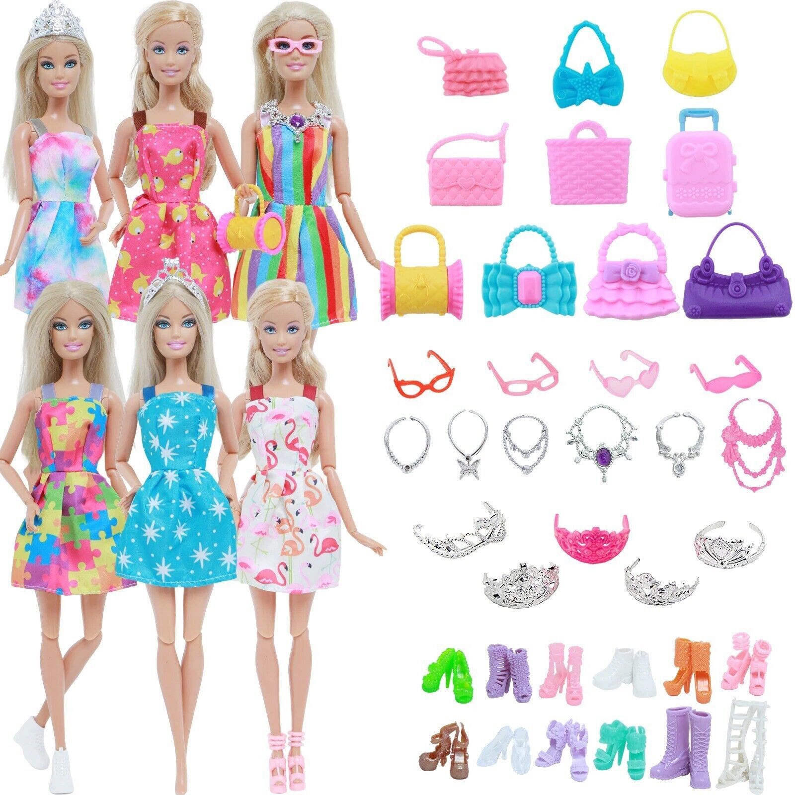 Primary image for Mix Style Doll Dress With Crowns Necklaces Bags Shoes Clothes For Barbie Doll