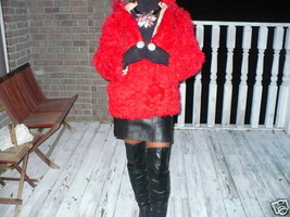 Rare hooded Red Shearling curly lamb Fur Coat jacket S - $494.99