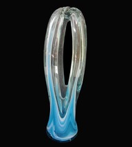 Vintage Hand Blown Studio Art Glass Pulled Blue Swirl Vase Fused Top 11.5&quot; - £19.67 GBP