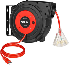 Retractable Extension Cord Reel, 50FT Power Cord Reel with 14AWG/3C S - £130.01 GBP