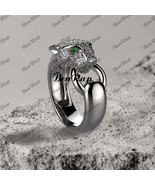 14K White Gold Over 925 Silver Round Diamond Green Emerald Panthere De Ring - $122.77